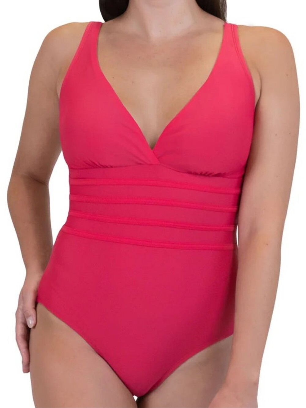 Roots Solid Pink Pleated Vneck One Piece Swimsuit Womens Plus Size 18 Padded